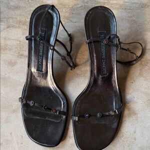 Giuseppe Zanotti Metallic Pewter Strappy Sandals with Multicolor Gem Accents